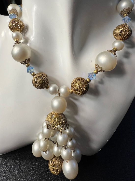 Jewelry - Vintage Faux Pearl Antique Gold Tone Filligree Blue Glass Tricone Bead Necklace
